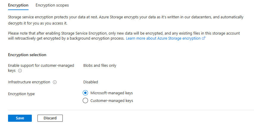 Capture d’écran montrant les options de chiffrement dans le portail Azure.