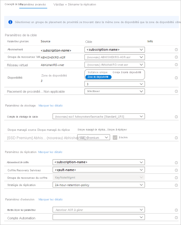 Page showing summary of target and replication settings.