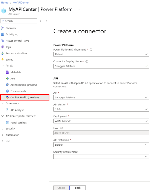 Capture d’écran de la création d’un connecteur Copilot Studio dans le portail.