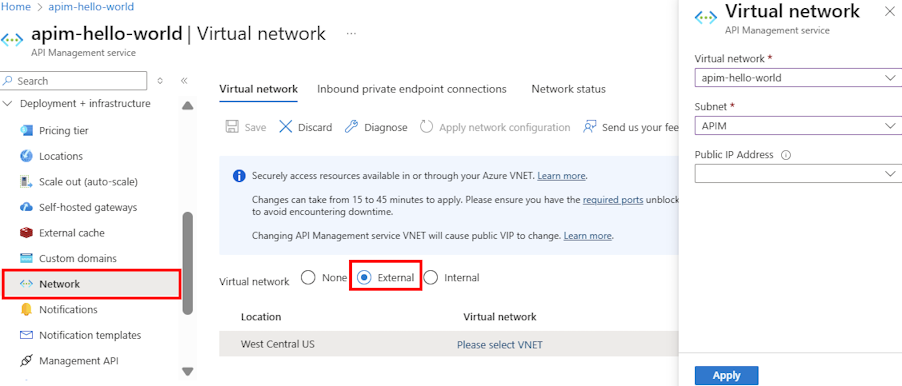 Capture d’écran montrant la configuration du réseau virtuel dans le portail.