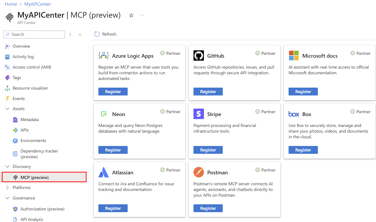 Capture d’écran des serveurs MCP dans le Centre des API dans le portail.