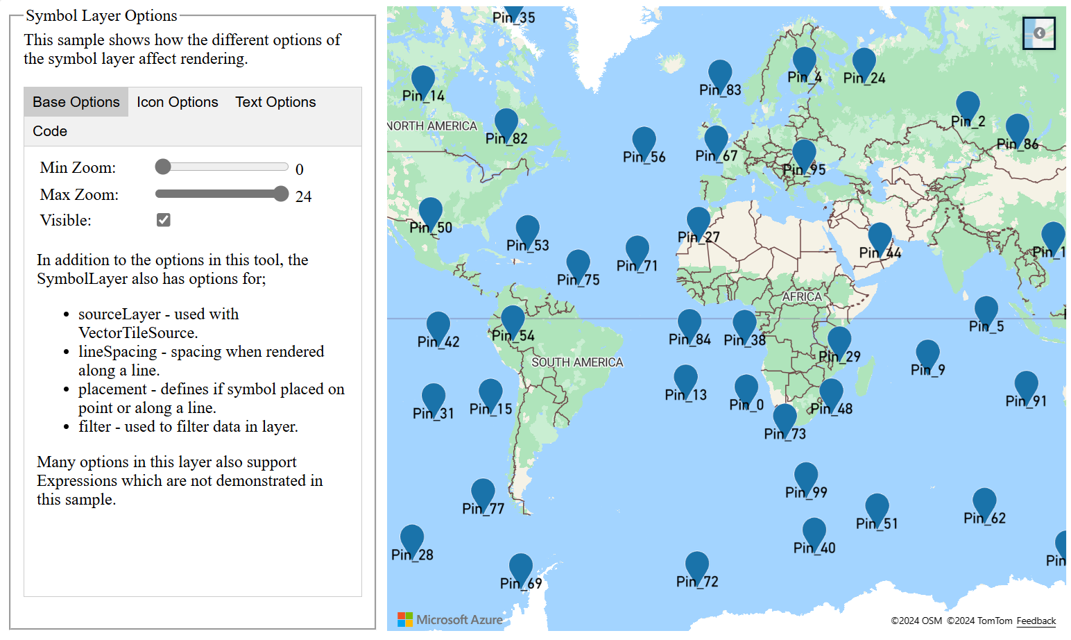 Capture d’écran d’une carte, avec un panneau à gauche de la carte proposant différentes options de symboles qui peuvent être définies de manière interactive.