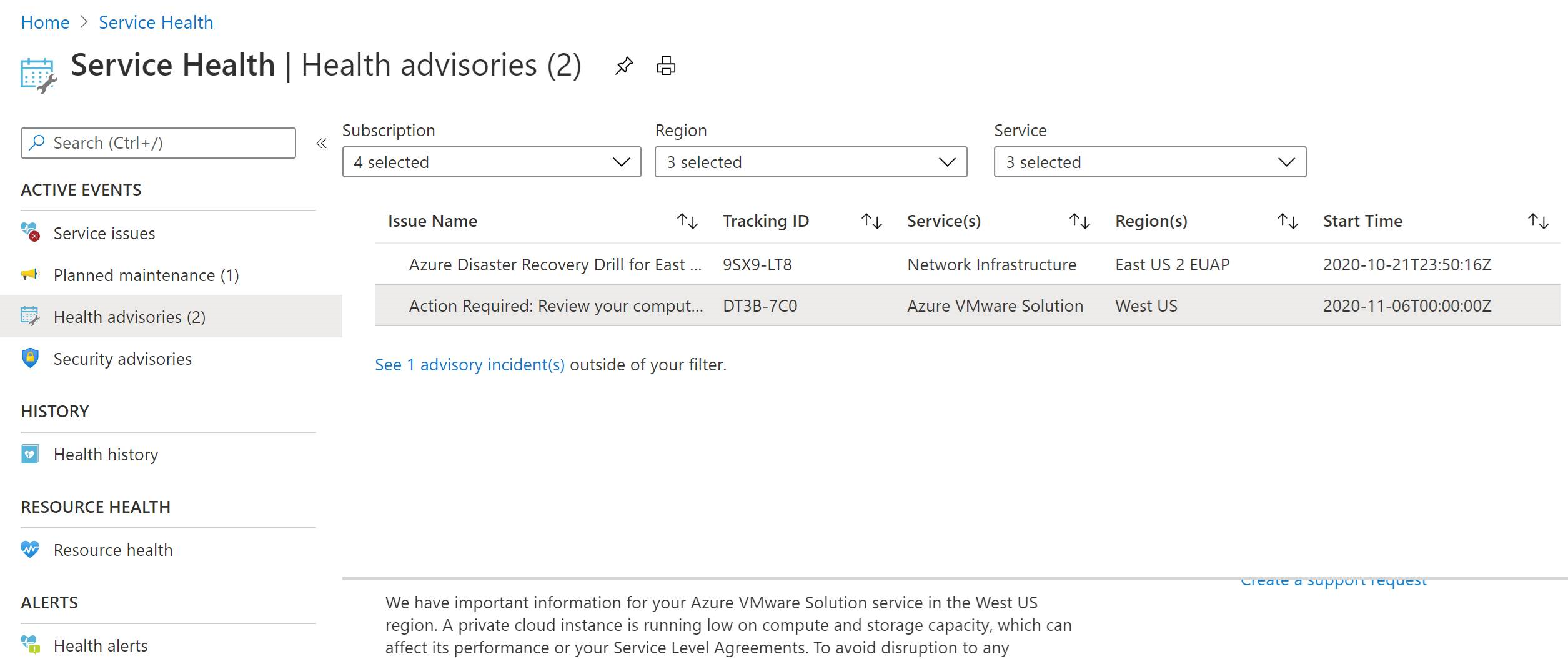 Capture d’écran des notifications de Service&nbsp;Health.