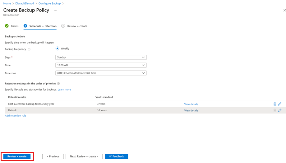 Capture d’écran montrant comment déclencher la création de la stratégie de sauvegarde.