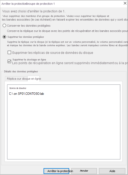 Capture d’écran montrant la sélection de l’option Supprimer les données protégées dans le volet Arrêter la protection.