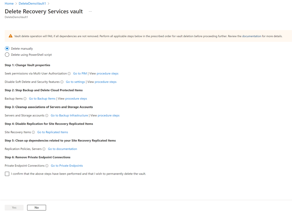 Capture d’écran montrant comment supprimer un coffre manuellement.