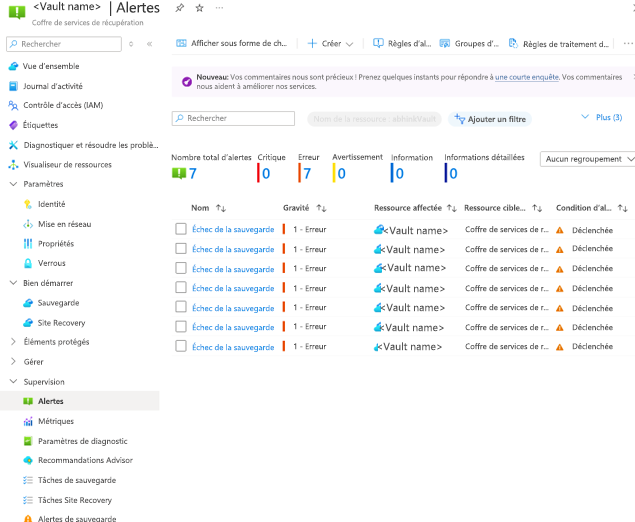 Capture d’écran montrant les alertes de sauvegarde.