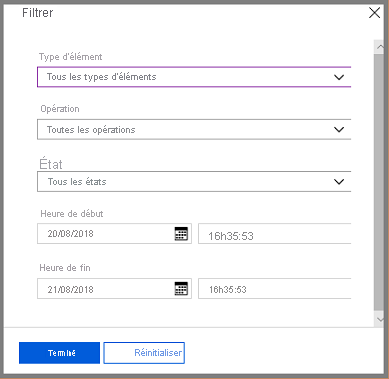 Capture d’écran montrant le menu Filtre ouvert pour les travaux de sauvegarde.