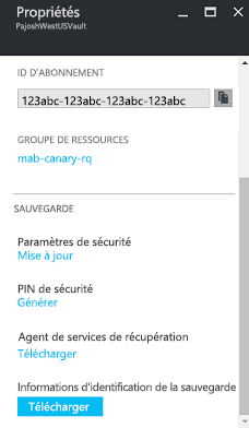 Capture d’écran des propriétés de coffre Recovery Services