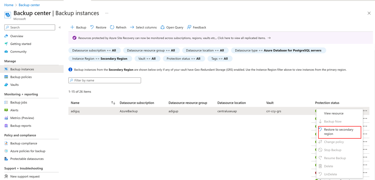 Capture d’écran montrant comment déclencher des restaurations à partir de leur instance de sauvegarde respective.