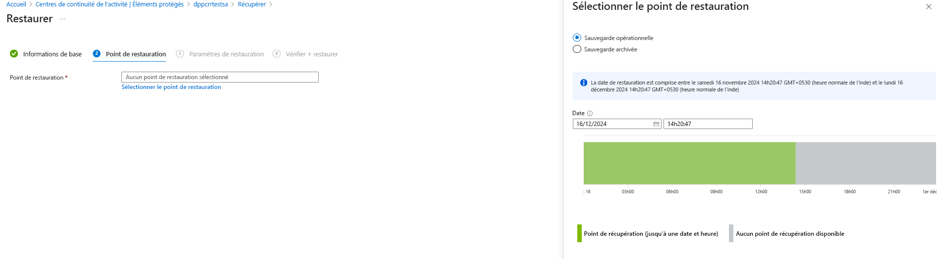 Capture d’écran montrant les options de restauration pour la sauvegarde opérationnelle de blobs.