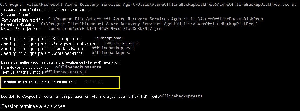 Capture d’écran montrant comment vérifier l’état du travail d’importation.