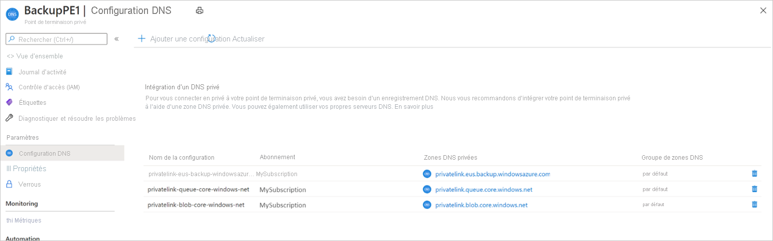 Configuration&nbsp;DNS dans la zone&nbsp;DNS privée Azure