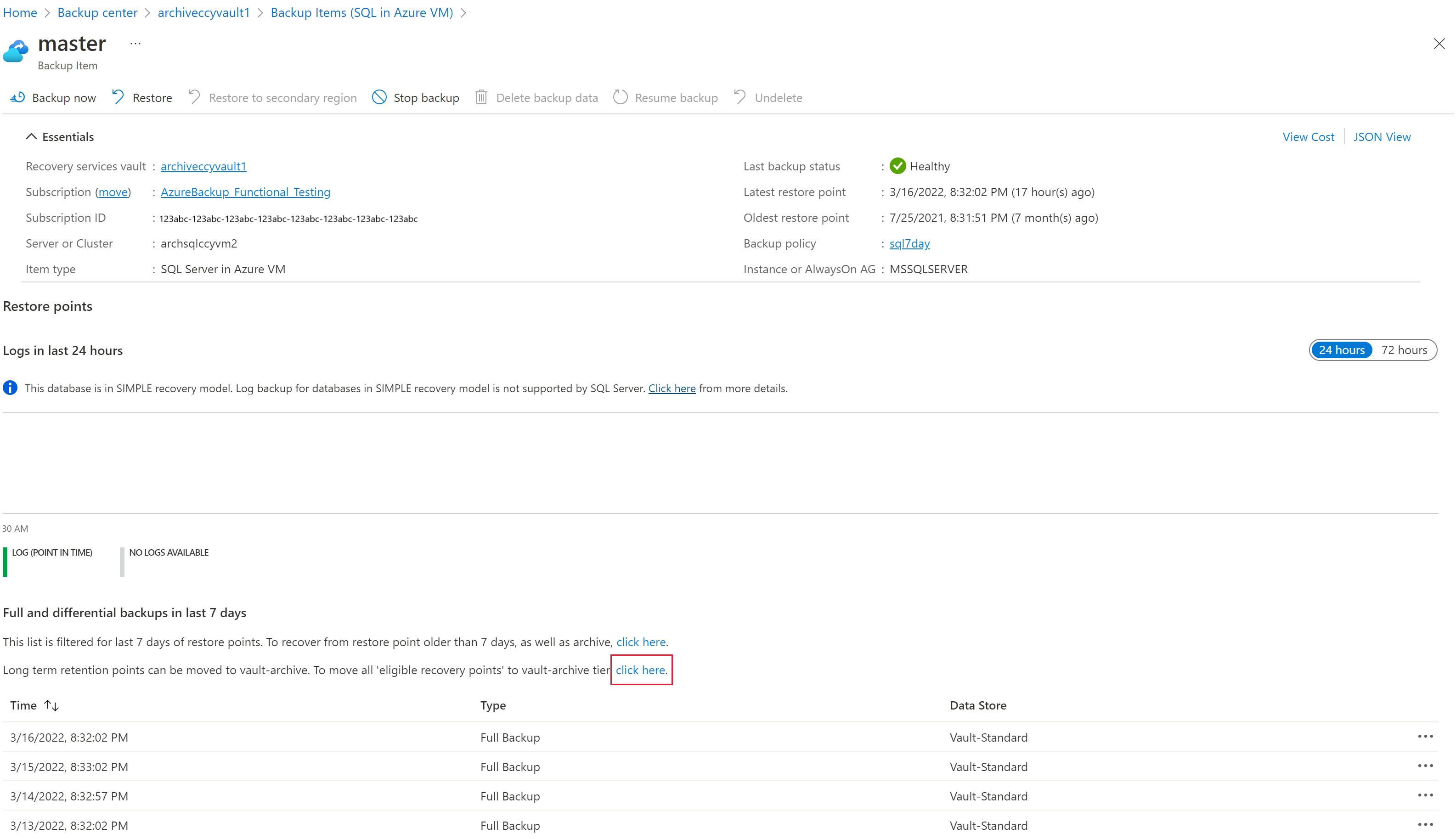 Capture d’écran montrant le processus d’affichage des points de récupération datant de plus de 7&nbsp;jours.
