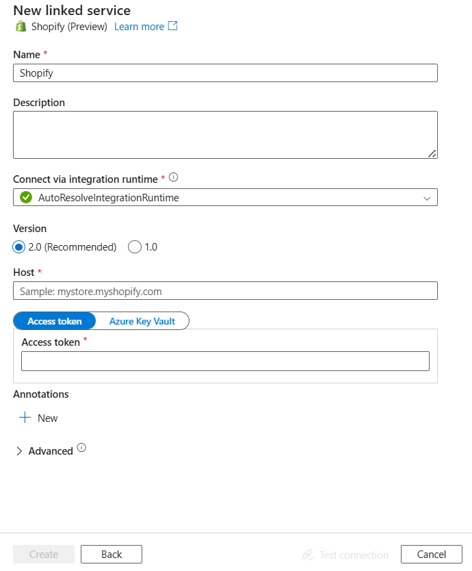 Capture d’écran de la configuration du service lié pour Shopify.