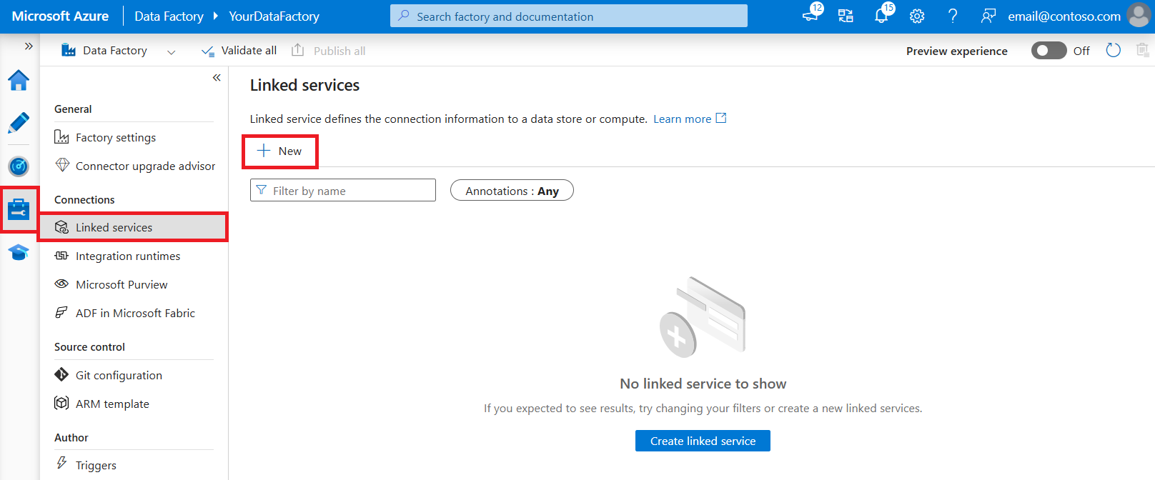 Capture d’écran montrant la création d’un service lié avec l’interface utilisateur Azure Data Factory.