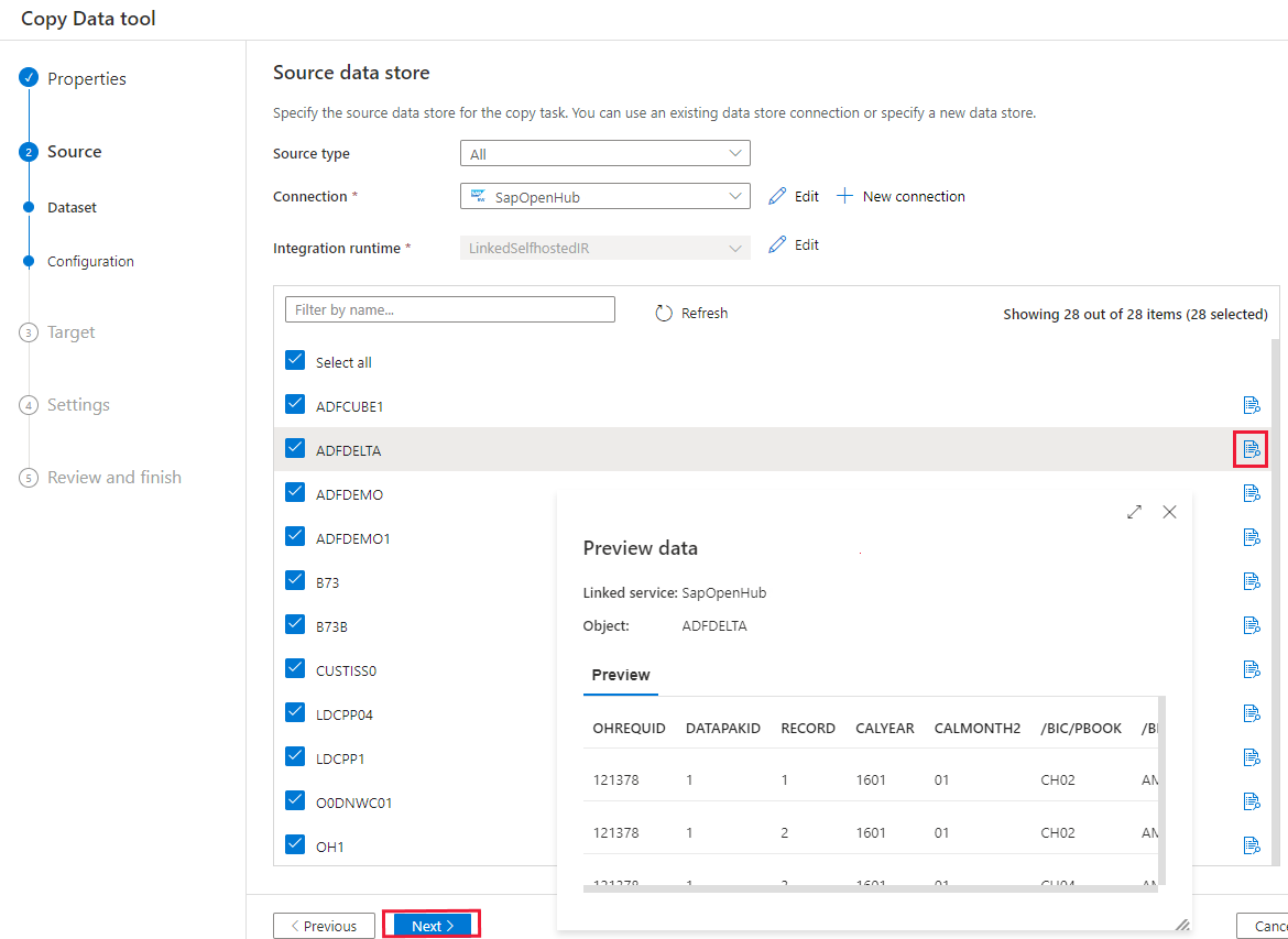Capture d’écran illustrant la page «&nbsp;Magasin de données source&nbsp;».