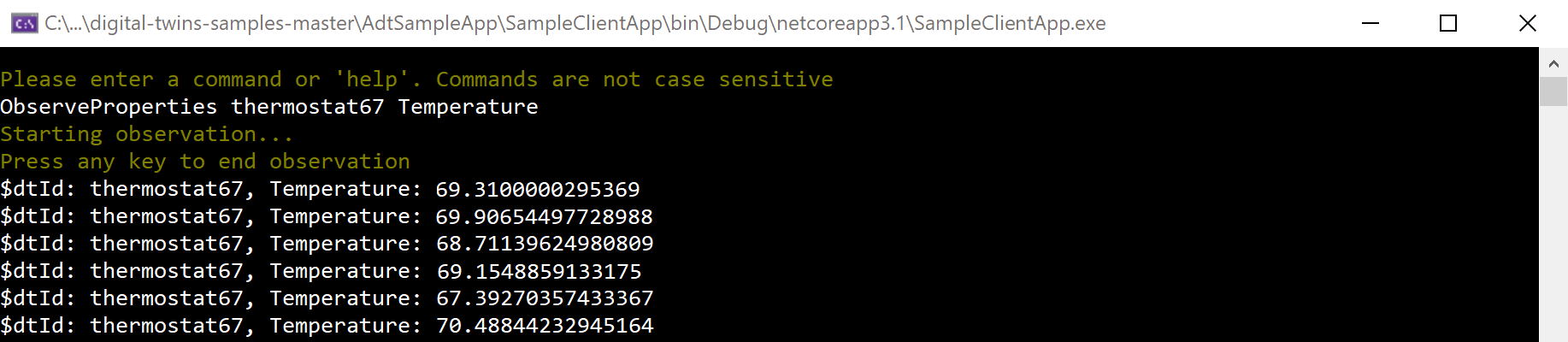 Capture d’écran de la sortie de la console montrant le journal des messages de température du jumeau numérique thermostat67.