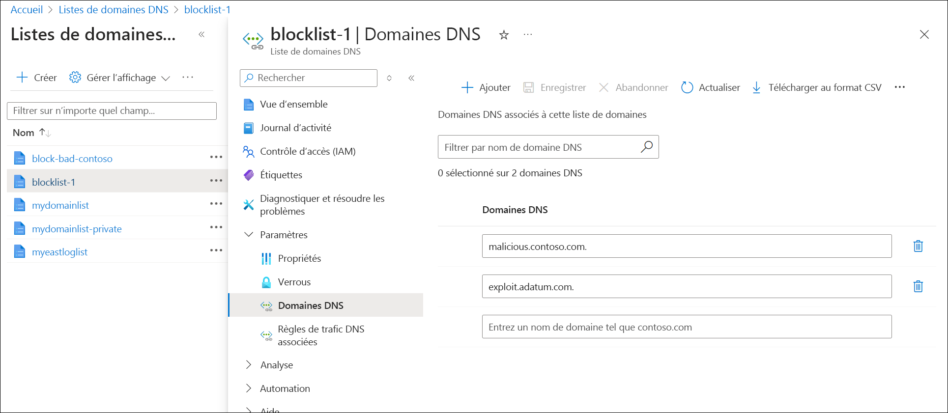Capture d'écran de domaines à l'intérieur d'une liste de domaines.