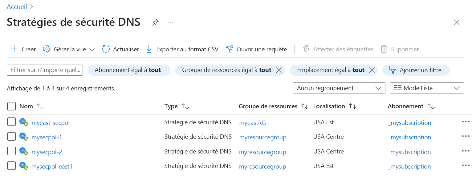 Capture d'écran de la liste des politiques de sécurité DNS.