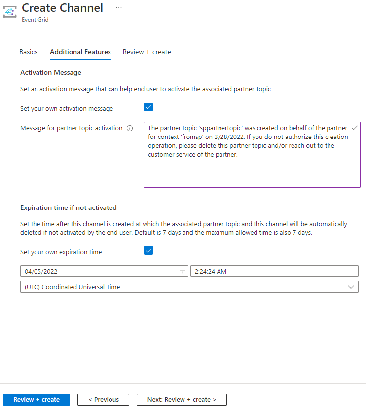 Image montrant la page Créer un canal - Fonctionnalités supplémentaires.