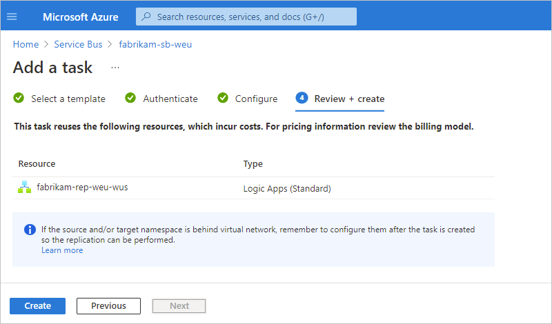 Capture d’écran montrant le volet «&nbsp;Vérifier + créer&nbsp;» avec des informations sur les ressources lors de la réutilisation d’une application logique existante.