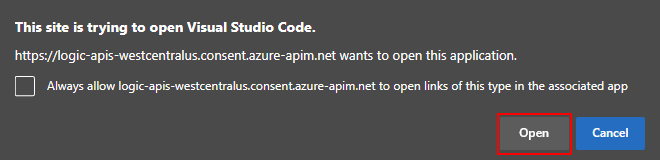 Capture d’écran montrant l’invite à ouvrir le lien pour Visual Studio Code.