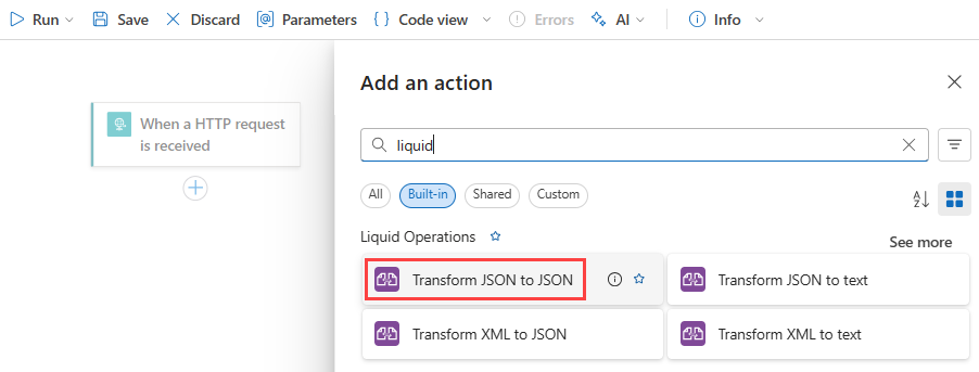 Capture d’écran montrant le flux de travail Standard avec une action Liquid sélectionnée.