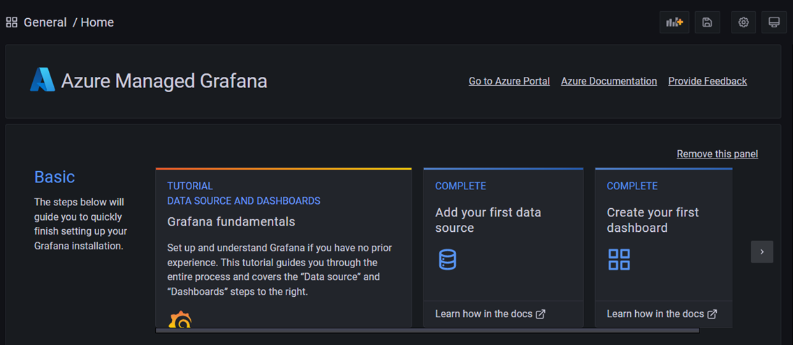 Capture d’écran d’un espace de travail Azure Managed Grafana.