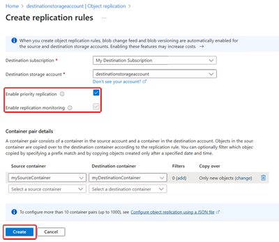 Capture d’écran montrant l’emplacement des cases Activer la réplication prioritaire et Activer la surveillance de la réplication dans le volet Règles de réplication.