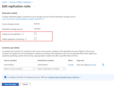 Capture d’écran montrant l’emplacement de la case à cocher Activer la réplication prioritaire sélectionnée dans le volet Modifier les règles de réplication.