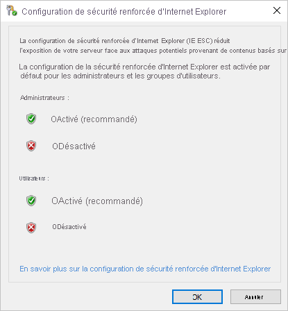 Capture d’écran de la boîte de dialogue Configuration de sécurité renforcée d’Internet Explorer avec l’option Désactivé sélectionnée.