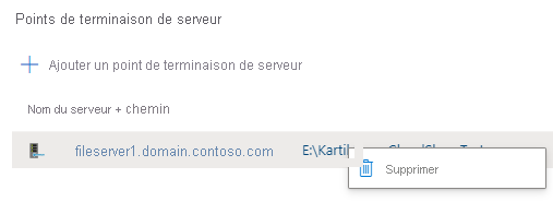 Capture d’écran illustrant la suppression d’un point de terminaison de serveur d’un groupe de synchronisation.
