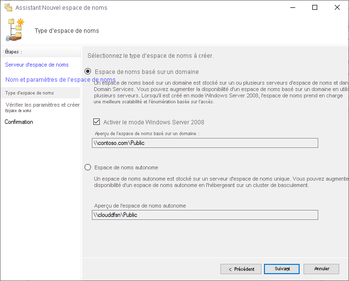 Capture d’écran montrant la sélection entre un espace de noms basé sur un domaine et un espace de noms autonome dans le Nouvel assistant de création d'espace de noms.