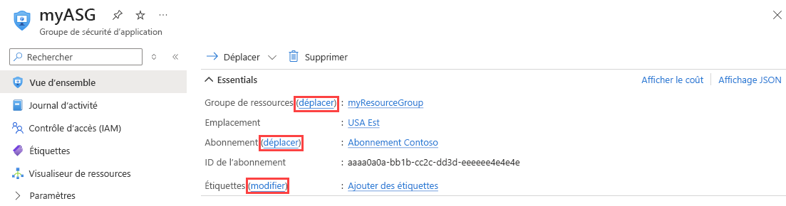 Capture d’écran de la modification d’un groupe de sécurité d’application dans le portail Azure.