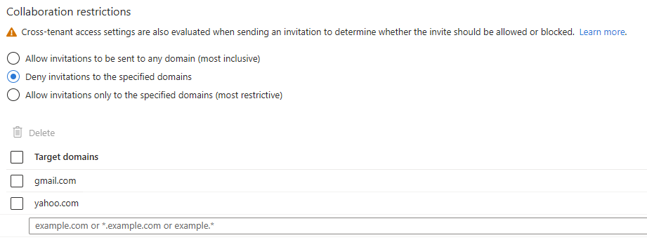 Capture d’écran montrant l’option de refus avec des domaines ajoutés.