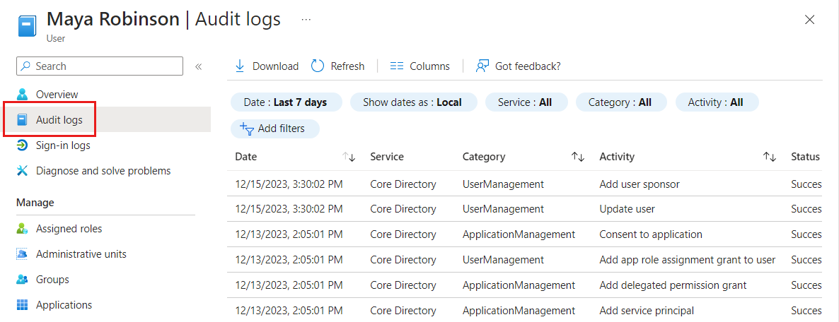 Capture d’écran montrant un exemple de sortie du journal d’audit.