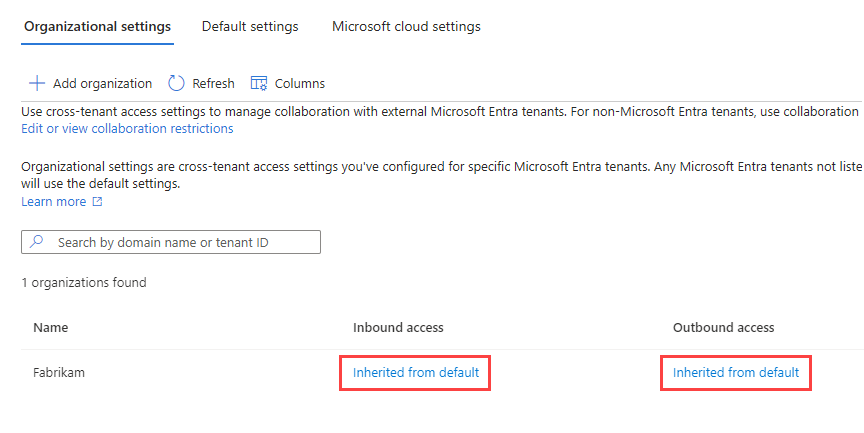 Capture d’écran montrant une organisation ajoutée avec les paramètres par défaut.