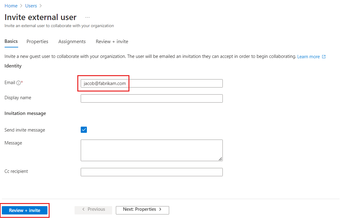 Capture d’écran de l’emplacement où entrer l’e-mail invité.