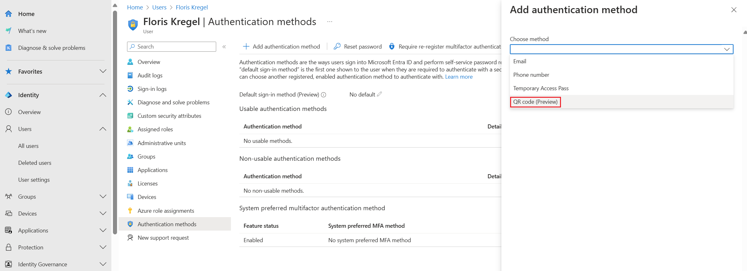 Capture d’écran montrant comment choisir le code QR pour un utilisateur.