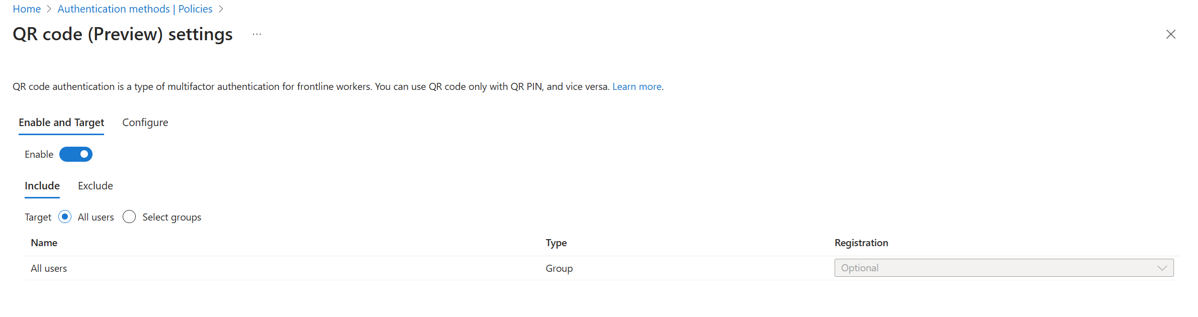 Capture d’écran montrant comment activer le code QR pour une organisation.