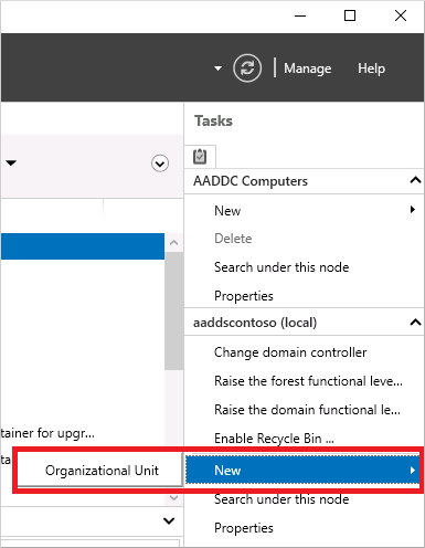 Sélectionnez l’option permettant de créer une nouvelle unité d'organisation dans le Centre d’administration d'Active Directory