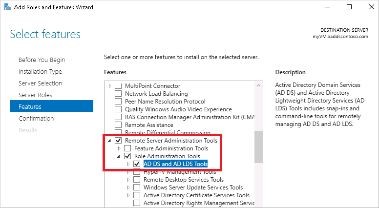 Installer les outils AD DS et AD LDS à partir de la page Fonctionnalités