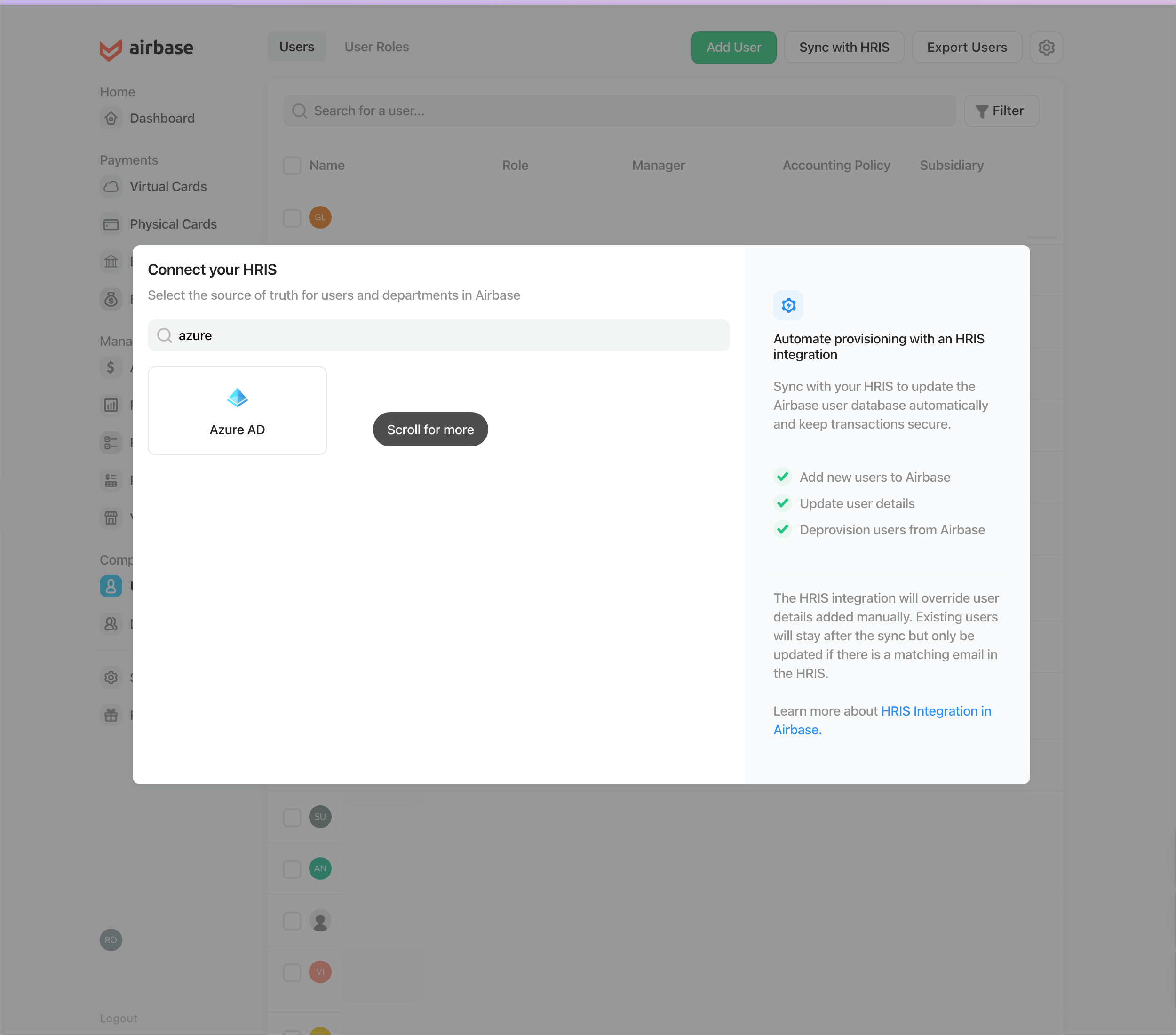 Capture d’écran de la page Choix d’Azure à partir de Contacts - Utilisateurs.