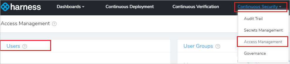 Capture d’écran montrant le menu «&nbsp;Continuous Security&nbsp;» avec les éléments «&nbsp;Access Management&nbsp;» et «&nbsp;Users&nbsp;» sélectionnés.