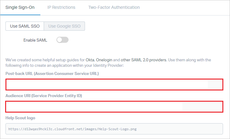 Capture d’écran montrant l’onglet Single Sign-On où vous entrez les informations spécifiées.