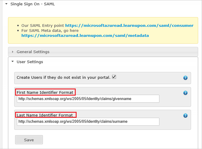 Capture d’écran montrant la section User Settings dans laquelle vous pouvez entrer les valeurs décrites.
