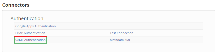 Capture d’écran montrant la section «&nbsp;Authentication&nbsp;» avec l’action «&nbsp;SAML Authentication&nbsp;» sélectionnée.