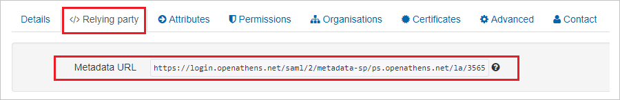 Capture d’écran montrant l’onglet «&nbsp;Relying party&nbsp;» sélectionné et l’option «&nbsp;Metadata URL&nbsp;» mise en évidence.