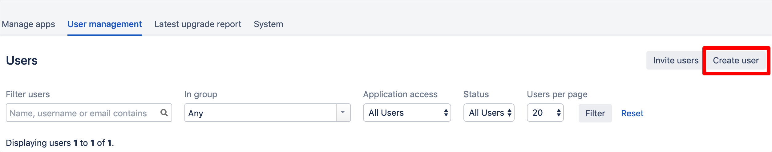 Capture d’écran montrant l’onglet « Gestion des utilisateurs » avec le bouton « Créer un utilisateur » sélectionné.